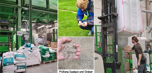 Mischanlage für Rasenmischungen (li.) und Befüllung der Anlage aus Big Bags (re.).
