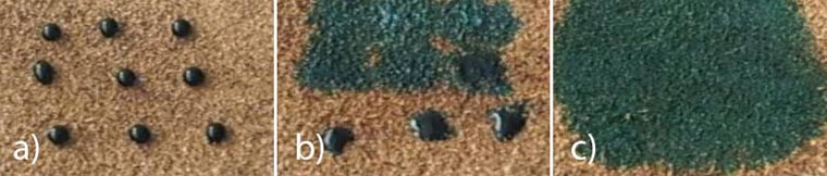 Eingefärbte Wassertropfen auf hydrophober Filzmatte, ohne (a) und mit Besprühung eines Wetting Agents.