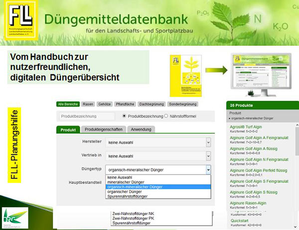 Screenshot zur FLL-Düngemitteldatenbank für die grüne Branche.