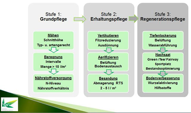 Pflegestufen für intensiv genutzte Rasenflächen in Abhängigkeit von der Benutzungsintensität.