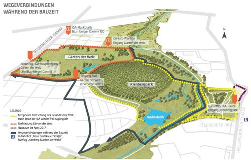 Der Geländeplan zur IGA 2017 Berlin mit den Teilen: „Gärten der Welt“, „Kienberg“, „Gartenband“ und „Wuhletal“.