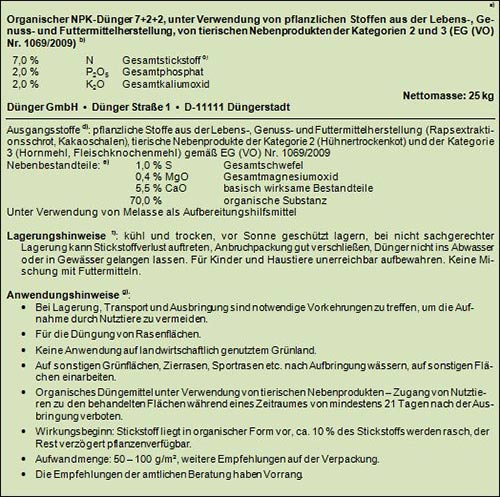 Beispielsdeklaration eines organischen Düngers nach der deutschen  Düngemittelverordnung