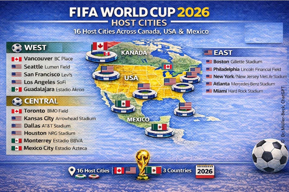 Die Spielorte der FIFA WM 2026 in Kanada, USA, Mexiko. 