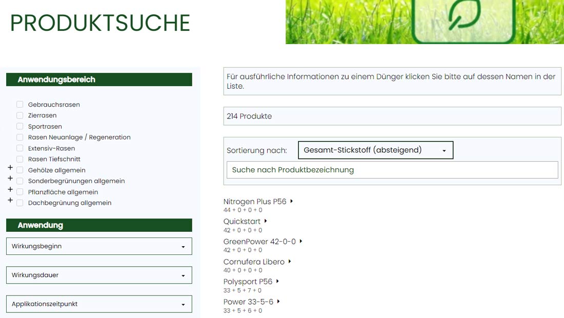 Screenshot: Produktsuche über Düngemitteldatenbank