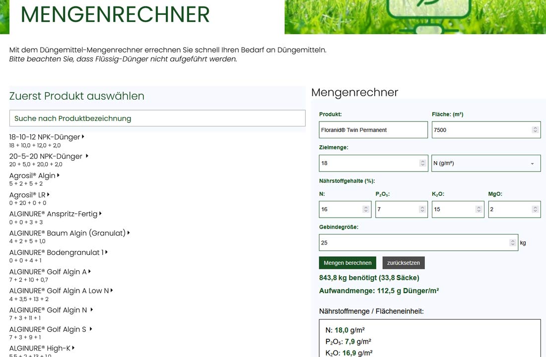 Screenshot: Mengenrechner Düngemitteldatenbank